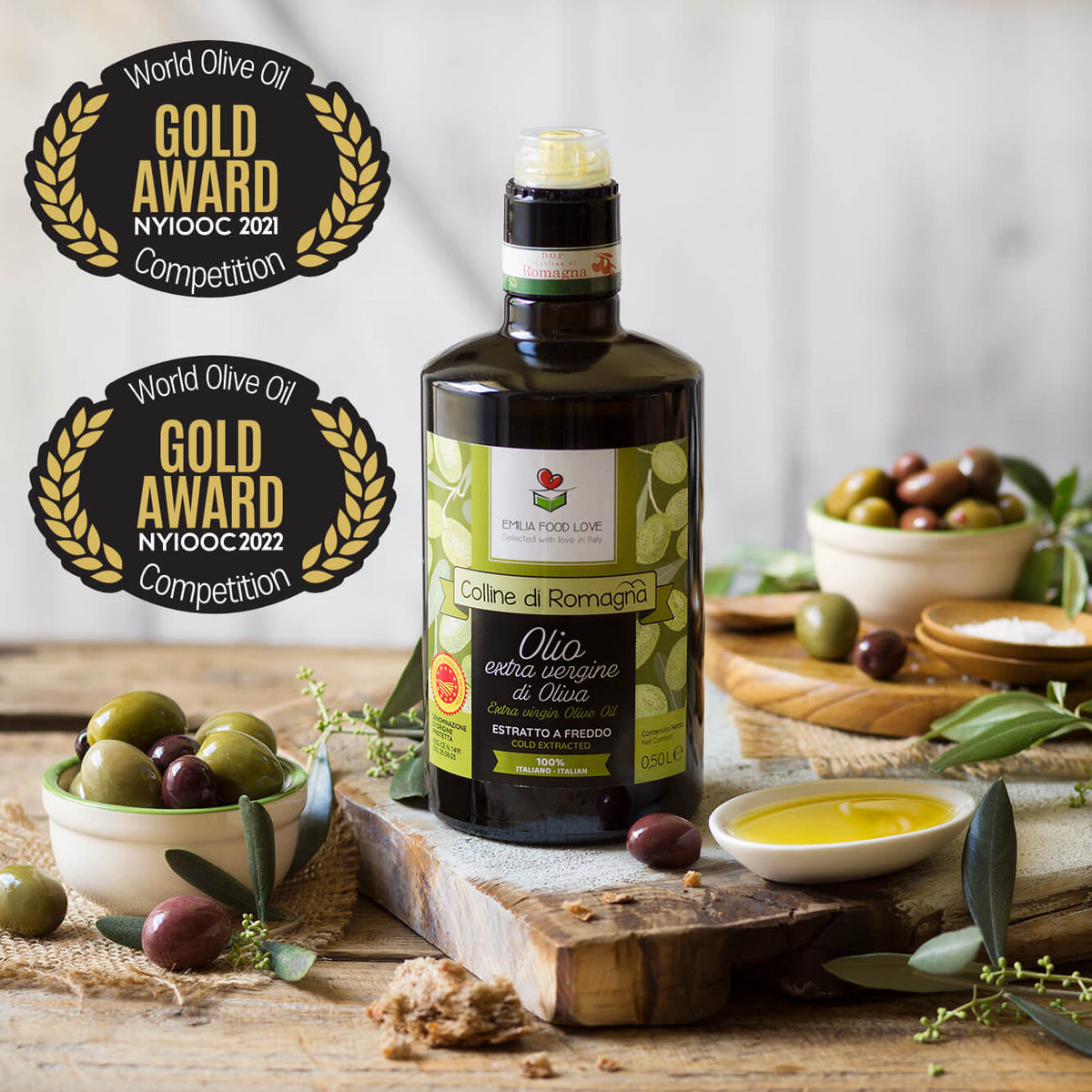 Extra Virgin Olive Oil "Colline di Romagna" DOP GOLD AWARD at NYIOOC - EMILIA FOOD LOVE Selected with love in Italy