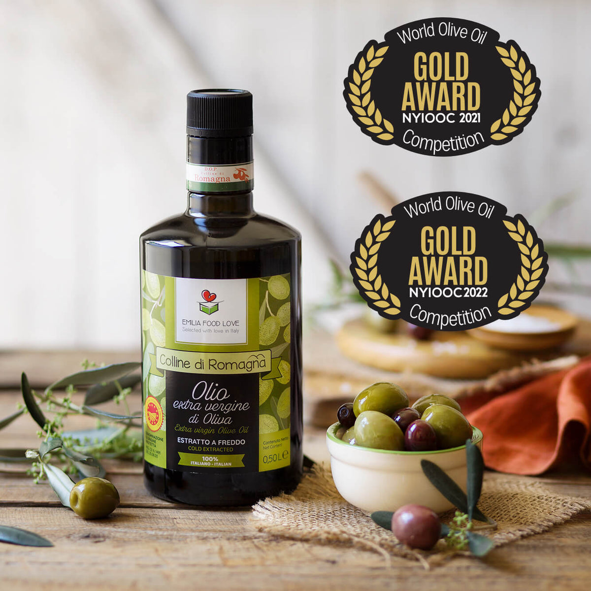 Extra Virgin Olive Oil "Colline di Romagna" DOP GOLD AWARD at NYIOOC - EMILIA FOOD LOVE Selected with love in Italy