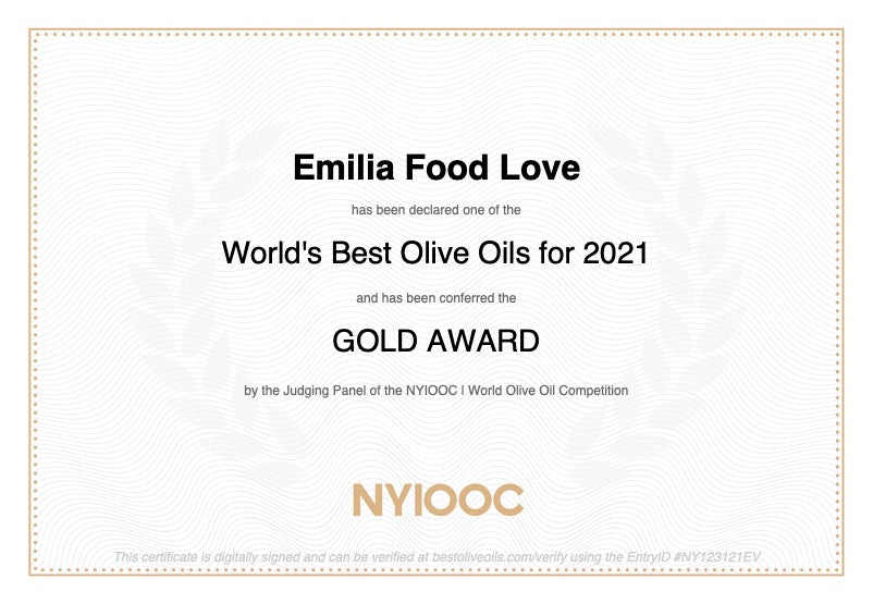 Extra Virgin Olive Oil "Colline di Romagna" DOP GOLD AWARD at NYIOOC - EMILIA FOOD LOVE Selected with love in Italy