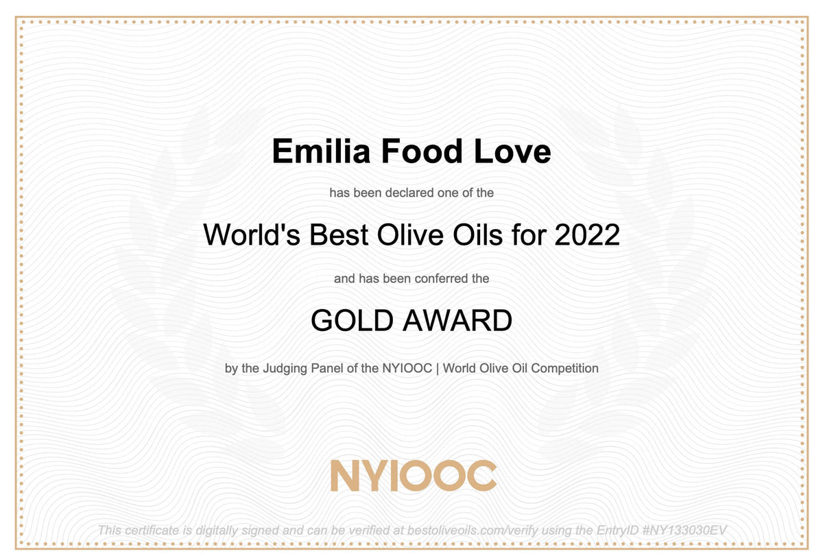 Extra Virgin Olive Oil "Colline di Romagna" DOP GOLD AWARD at NYIOOC - EMILIA FOOD LOVE Selected with love in Italy